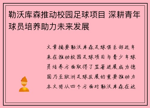 勒沃库森推动校园足球项目 深耕青年球员培养助力未来发展