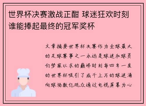 世界杯决赛激战正酣 球迷狂欢时刻 谁能捧起最终的冠军奖杯